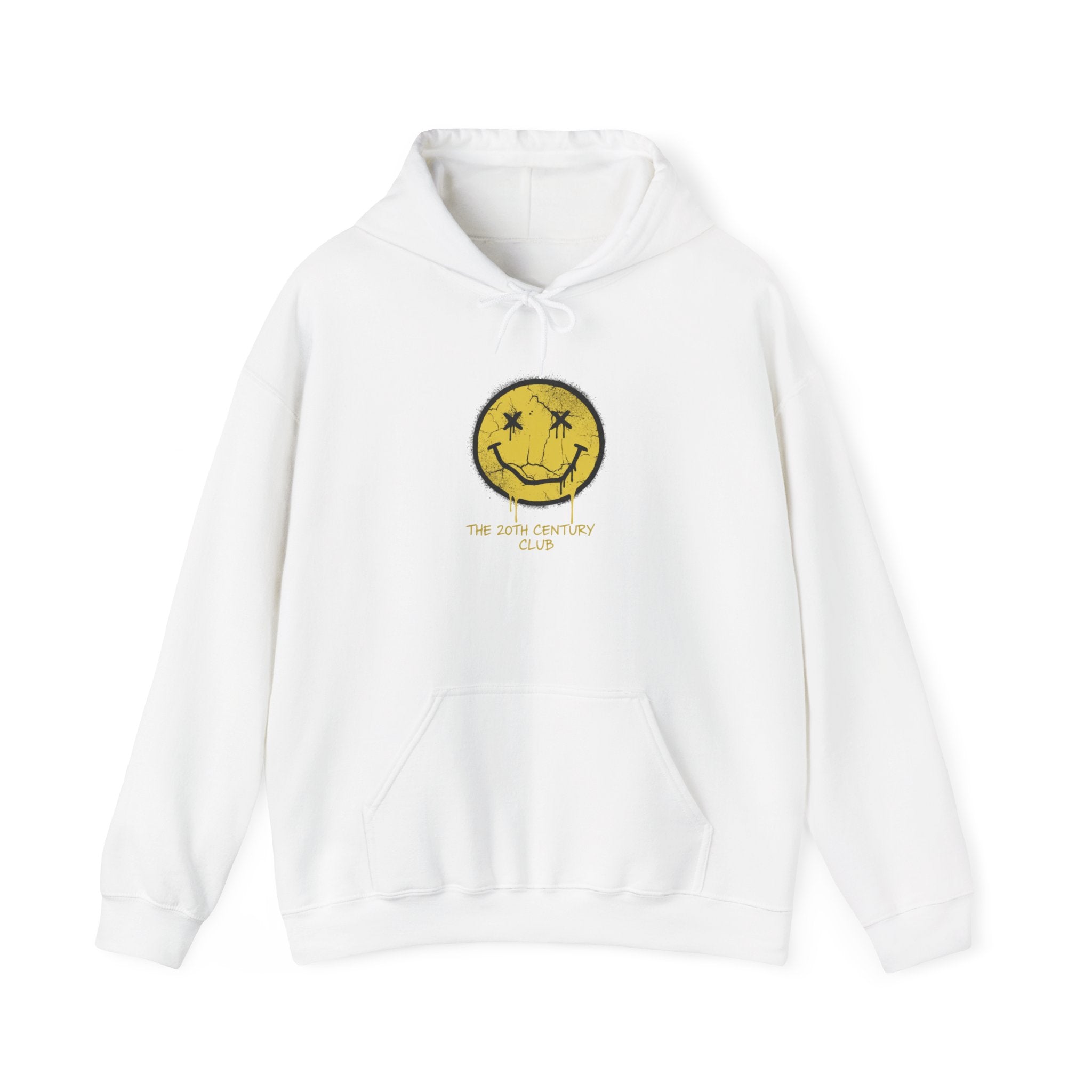 White hoodie with a smiley face design on a white background