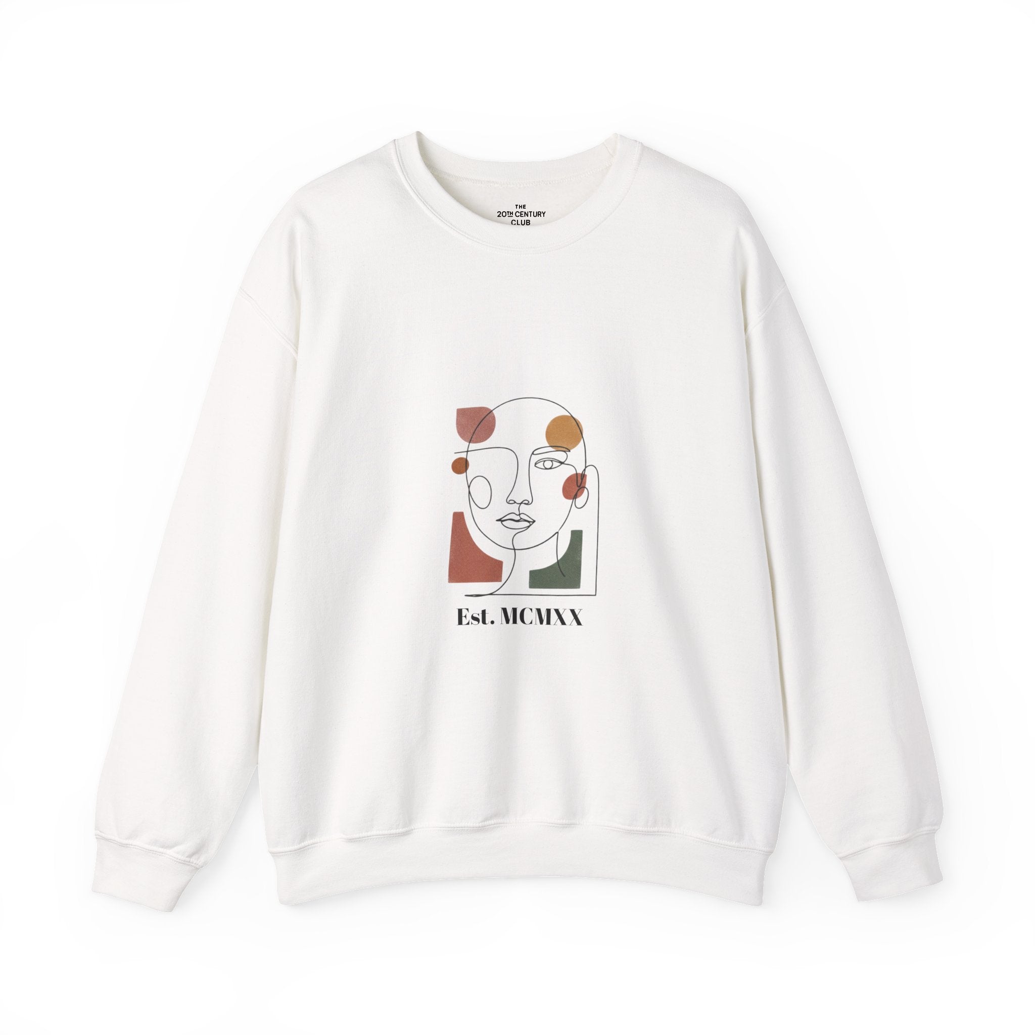 White sweatshirt with a graphic design of a face and text on a white background