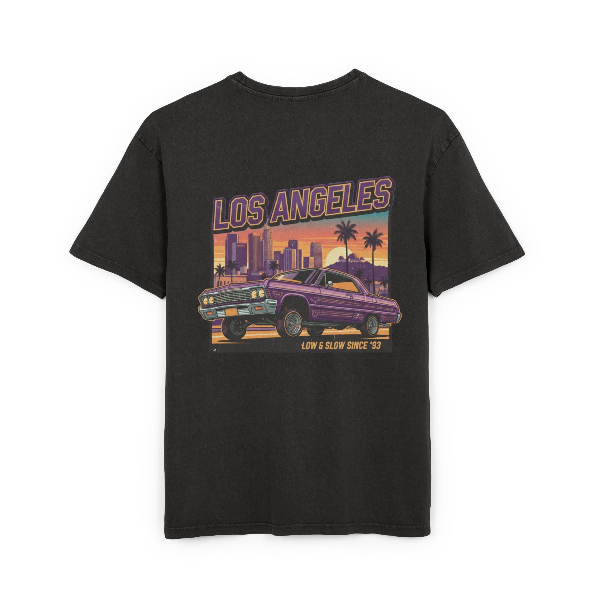 Black t-shirt with 'Los Angeles' graphic design featuring a car and cityscape.